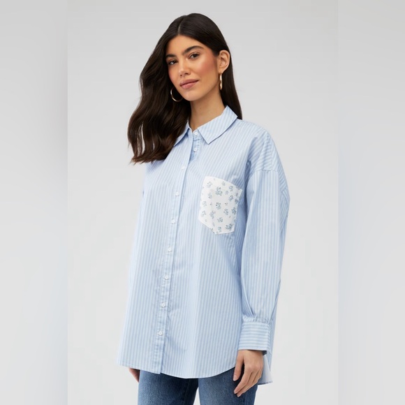 For Love And Lemons Tops - For Love And Lemons Blue Striped Shirt with Floral Pocket